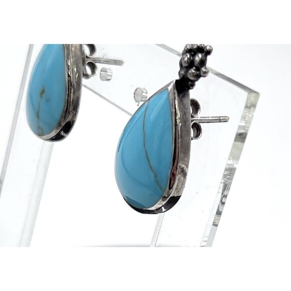 ClJ Turquoise Sterling Silver Teardrop Open Back Metal Work Flower Earrings - Picture 6 of 10